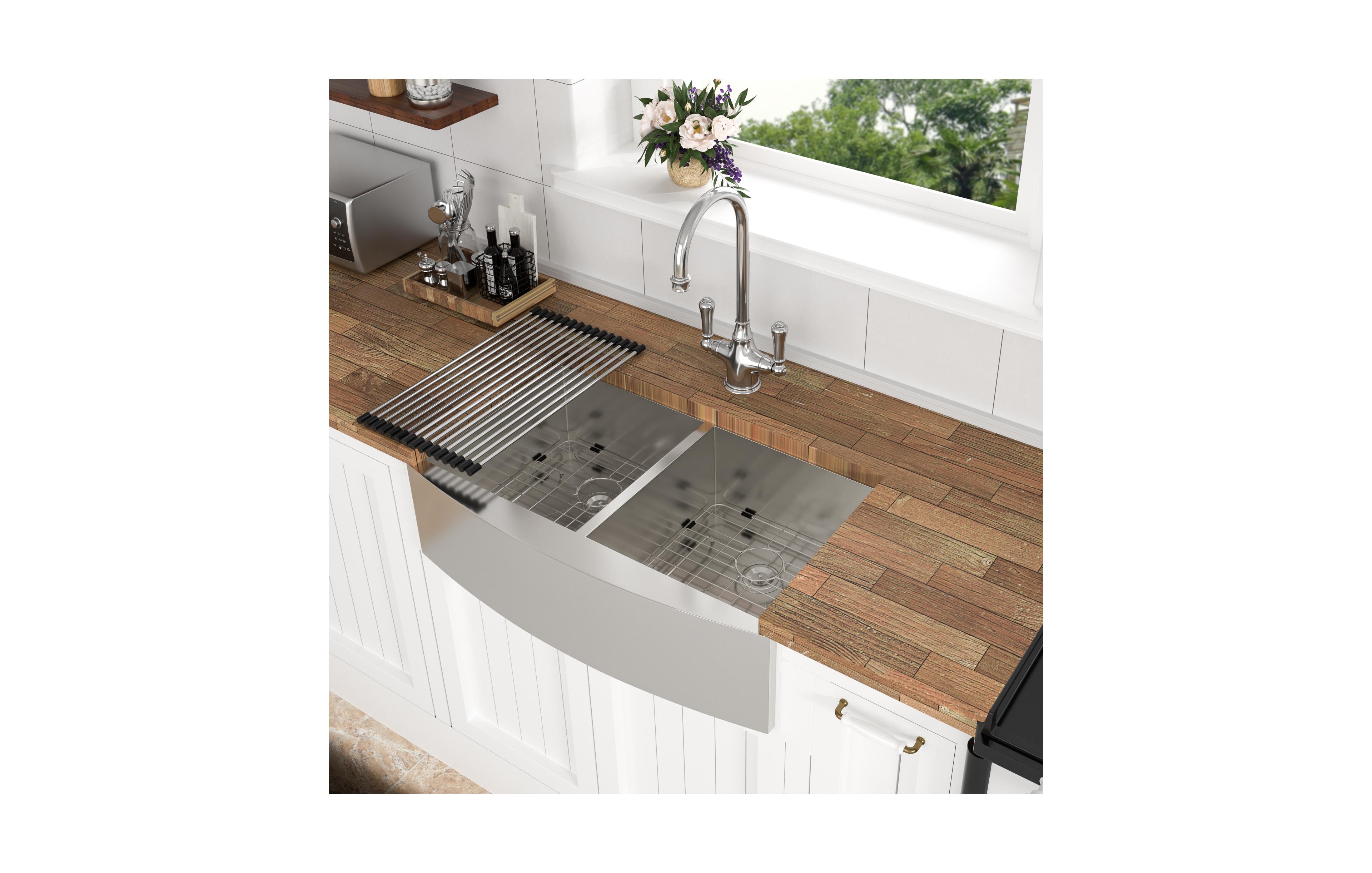 Flynama 36" x 20" x 9" Double Bowl Farmhouse Kitchen Sink, Stainless Steel, Apron Front, 16-Gauge, 50/50 Split
