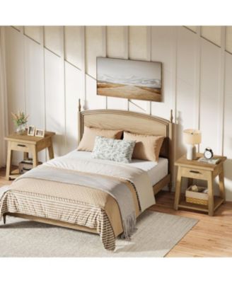 Farmhouse Square Side Table, 2 -Tier Wooden End Table with Drawer, Rustic Nightstands with Shelf Storage