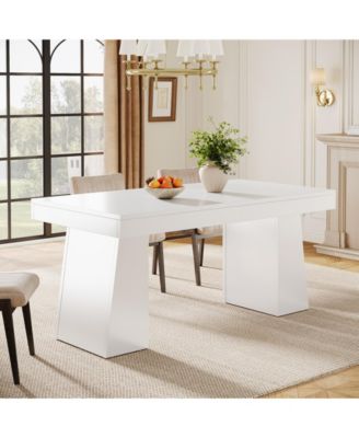 Dining Room Table for 4-6, 55-Inch Mid-Century Modern Dining Table with Double Pedstral, Rectangular Wood Kitchen Dinner Table