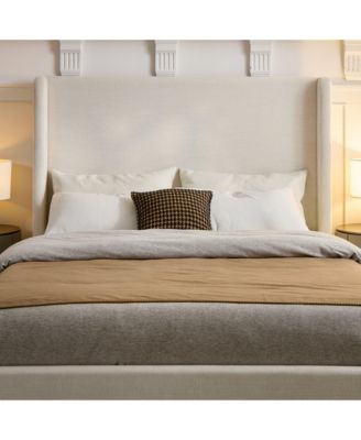 Carmen Upholstered Wingback Bed Frame with 54" Headboard, Textured Ivory Chenille