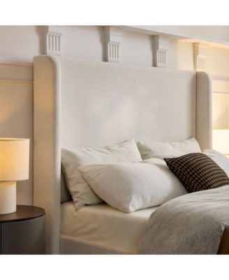 Carmen Upholstered Wingback Bed Frame with 54" Headboard, Textured Ivory Chenille