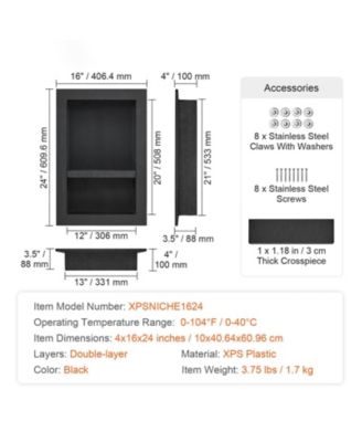 Shower Niche, Ready for Tile, 16" x 24", Double Shelf, Recessed Wall Insert, Sealed Waterproof, Square Corners, Black