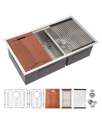 huluwat 33inch Undermount Double Bowl Kitchen Sink 16G T304 Stainless Steel 6040 Split 33x19x10inch 10inch Deep Workstation Sink with Full Accessories