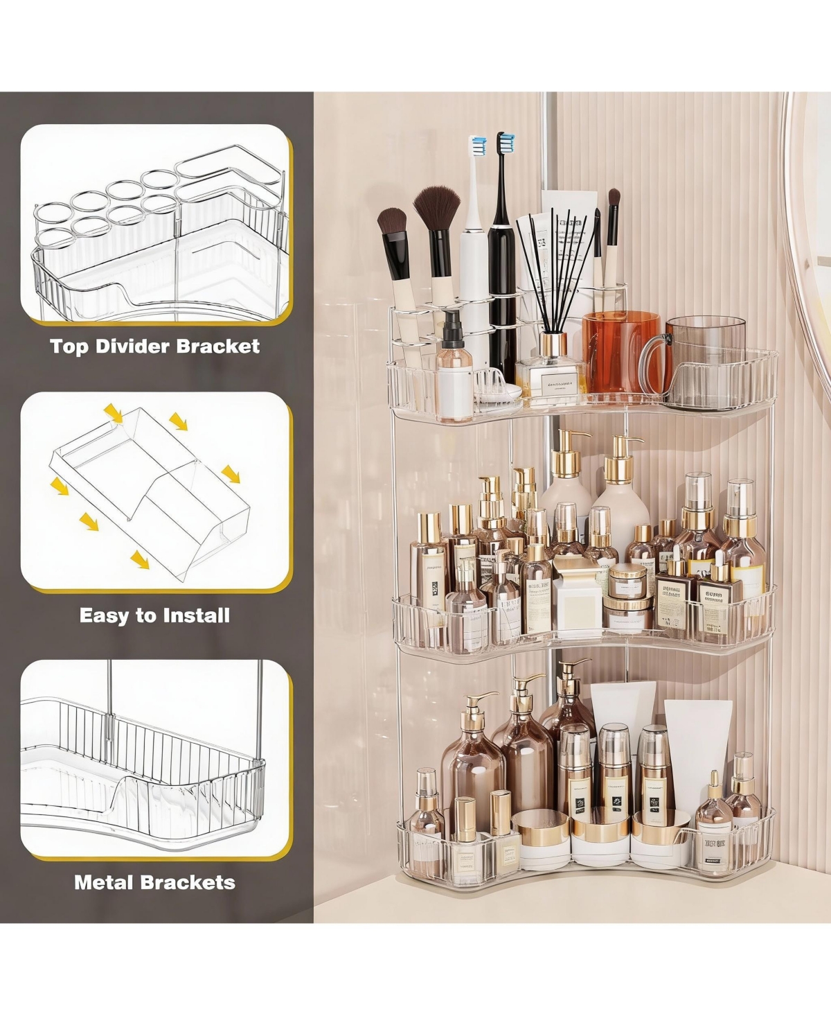 Yigii 3-Tier Corner Bathroom Organizer with Toothbrush & Makeup Brush Holders
