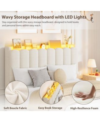 LED Twin XL Bed Frame with Storage Headboard, Boucle Upholstered Kids Bed with 2 Drawers, Wavy Bookcase Headboard - Full