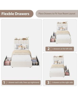 LED Twin XL Bed Frame with Storage Headboard, Boucle Upholstered Kids Bed with 2 Drawers, Wavy Bookcase Headboard