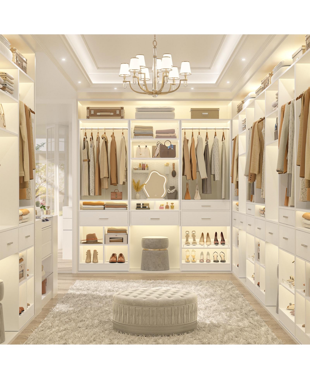 Aheaplus Closet Organizer with Wood Drawers and Shoe Rack, Freestanding Closet System with Hanging Rods