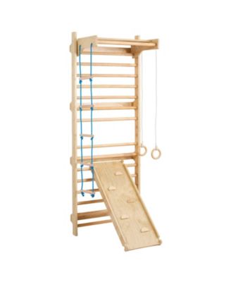 Swedish Ladder Wall Gym, 5-in-1 Indoor Climbing Set w/ Pull-Up Bar, Rings, Rope Ladder & Slide Board