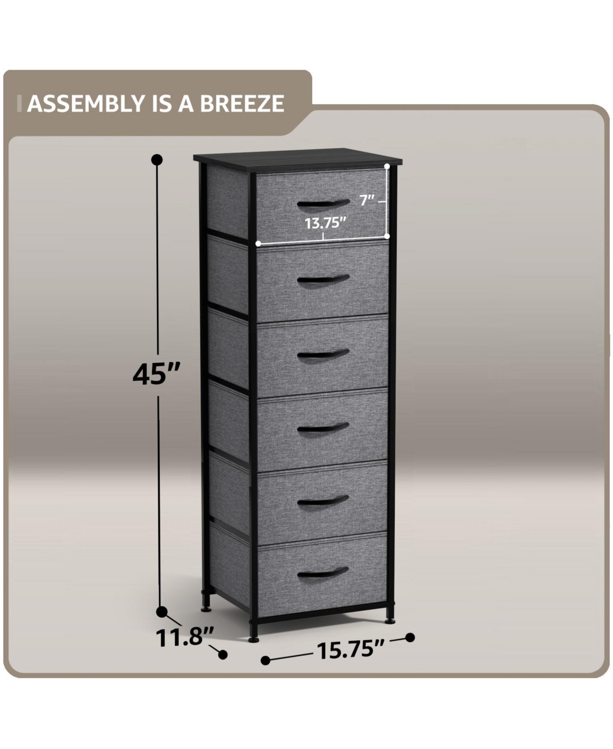 Sorbus Narrow 6 Drawers Nightstand with Steel Frame, Wood Top, Easy Pull Fabric Bins for Home, Bedroom, Office & Dorm