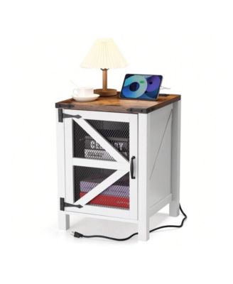 Farmhouse Nightstand With Charging Station And Barn Door Storage Rustic End Table Sofa Side Table For Bedroom