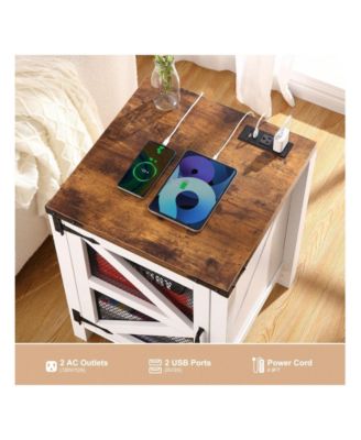 Farmhouse Nightstand With Charging Station And Barn Door Storage Rustic End Table Sofa Side Table For Bedroom