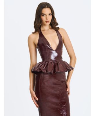 Women's Jaslene Mahogany Ruched Peplum Plunge Halter Midi Dress