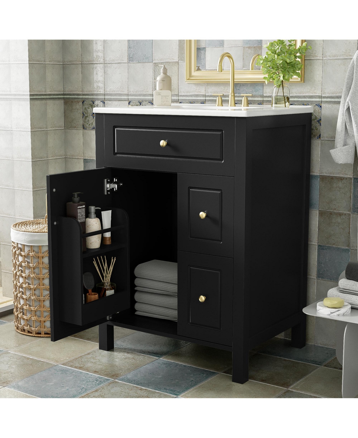 Cesicia 24 in. Bathroom Vanity with Ceramic Sink, Soft Close Door, Drawers and Double Storage Racks on the Door
