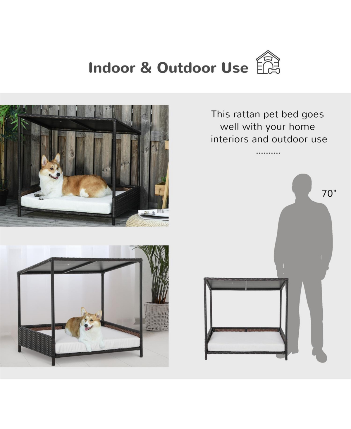 Aostirmotor Dog House Raised Rattan Puppy Bed in Brown