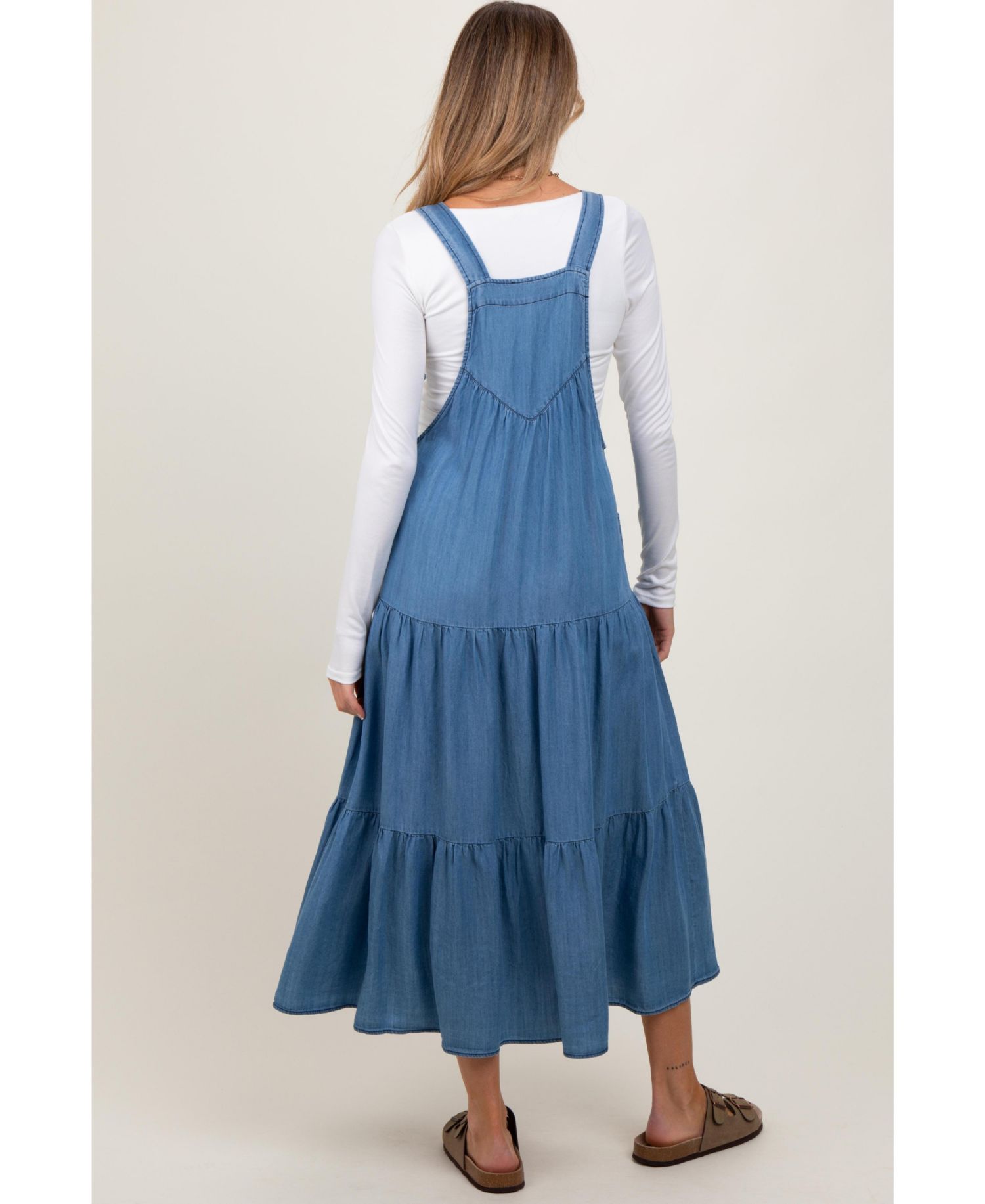 Women's Blue Chambray Overall Tiered Midi Dress