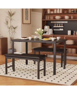 Dining Table Set for 4, 3-Piece Kitchen Table with 2 Upholstered Benches, Space-Saving Dining Room Set for Breakfast Nook and Small Spaces