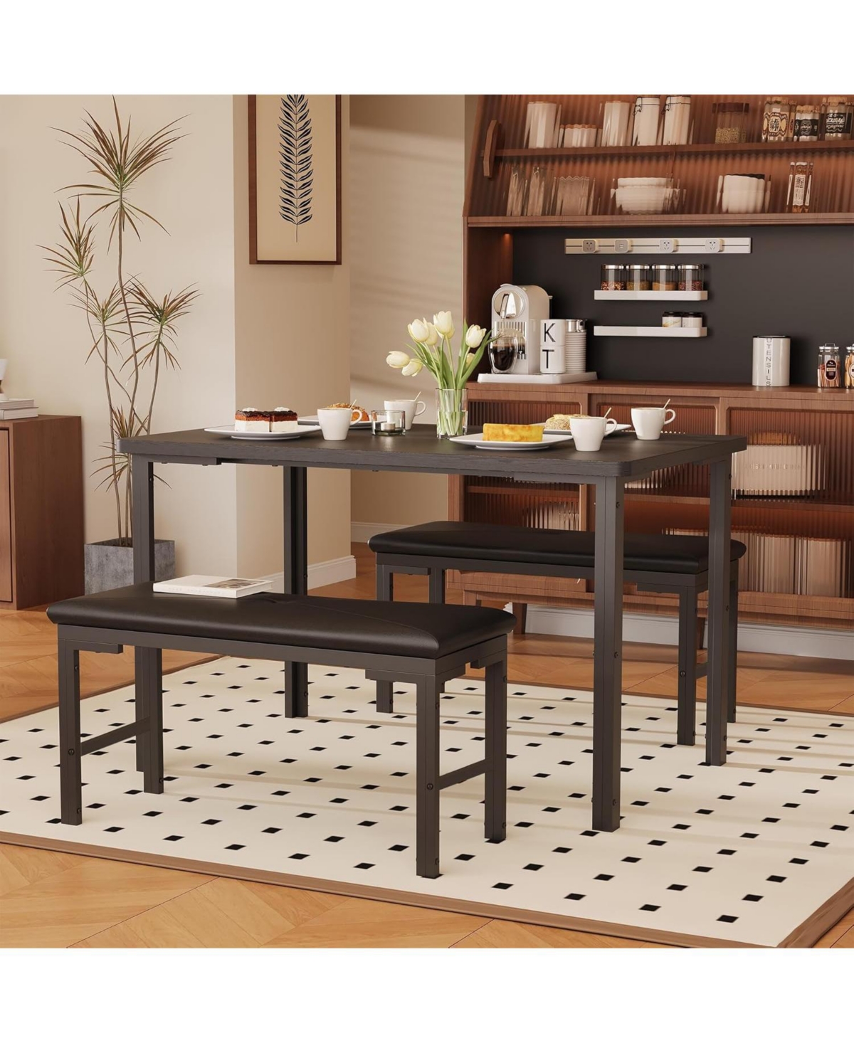 gaomon Dining Table Set for 4, 3-Piece Kitchen with 2 Upholstered Benches, Space-Saving Room Breakfast Nook and Small Spaces