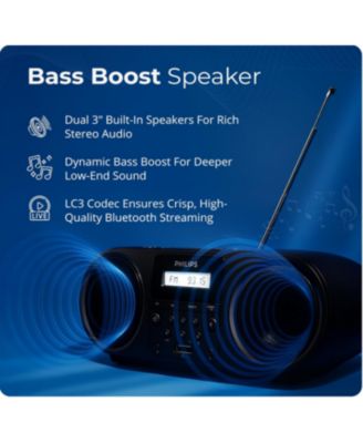 Portable CD Player Boombox with Bluetooth, Dual Speakers, Dynamic Bass Boost, FM Radio, USB & AUX Input, Headphone Jack, CD-R/CD-RW/MP3 Player