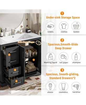 36 in. Modern Bathroom Vanity with Ceramic Sink, Soft-Close Door, Adjustable Shelf and 3 Drawers, Ample Storage