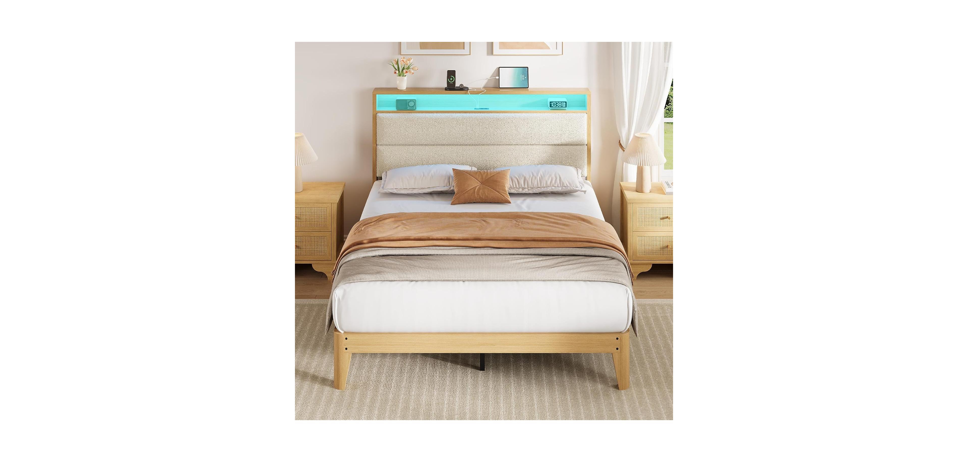 gaomon Boucle Upholstered Bed Frame with Led & Charging Station, Solid Wood Slats, No Box Spring Needed