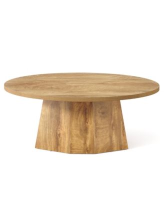 Oval Coffee Table, 47-Inch Living Room Table with Polygonal Pedestal, Modern Center Accent Furniture, Child-Friendly, Yellowish Brown