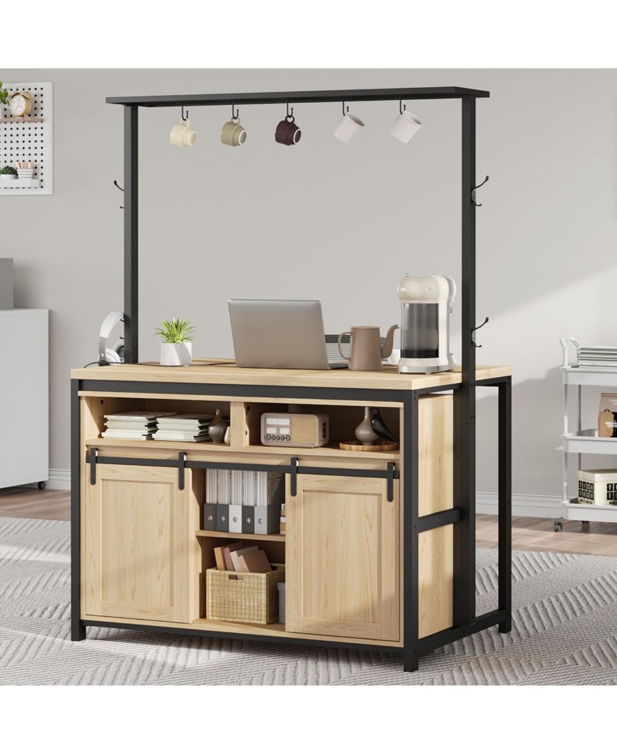 gaomon 42" Kitchen Island with Power Outlet, Rustic Wood Coffee Bar, Sliding Barn Door, 9 Hooks, Open Shelves & Mobile Storage Cabinet