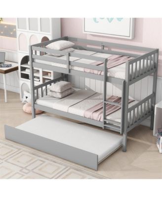 Twin over Twin Bunk Bed with Trundle, Convertible to 2 Separate Beds Rubber Wood Bunk Bed with Ladder & Guardrails