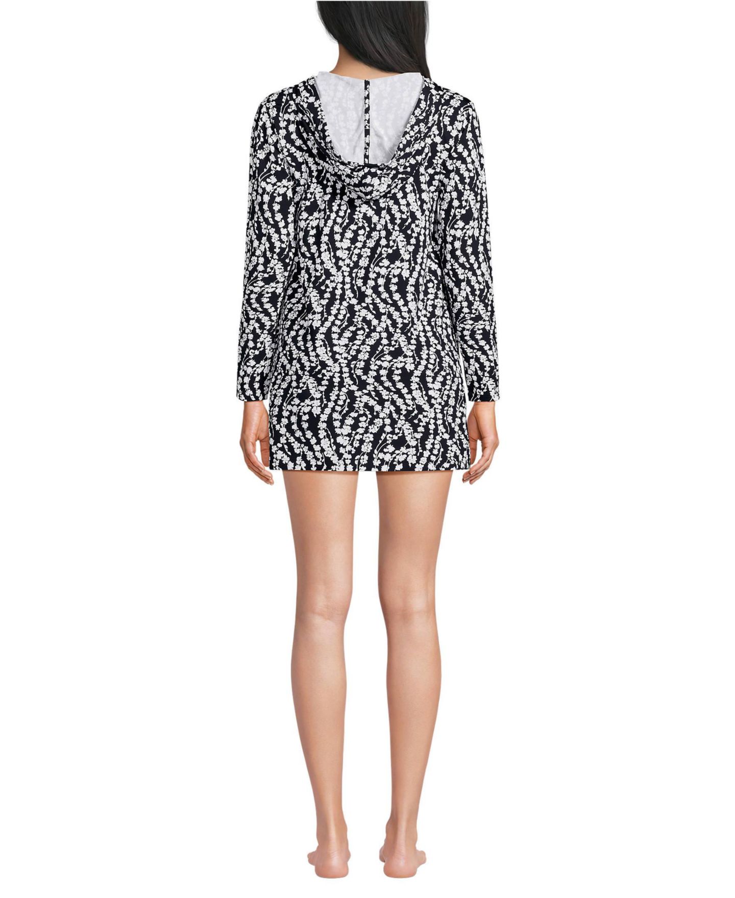 Женское платье Lands' End Cotton Jersey Long Sleeve Hooded Swim Cover-up, цвет: Чёрный / Белый с принтом — фото 2