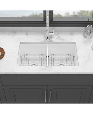 32x19x10inch White Fireclay Double Bowl Kitchen Sink Undermount Dual Mount
