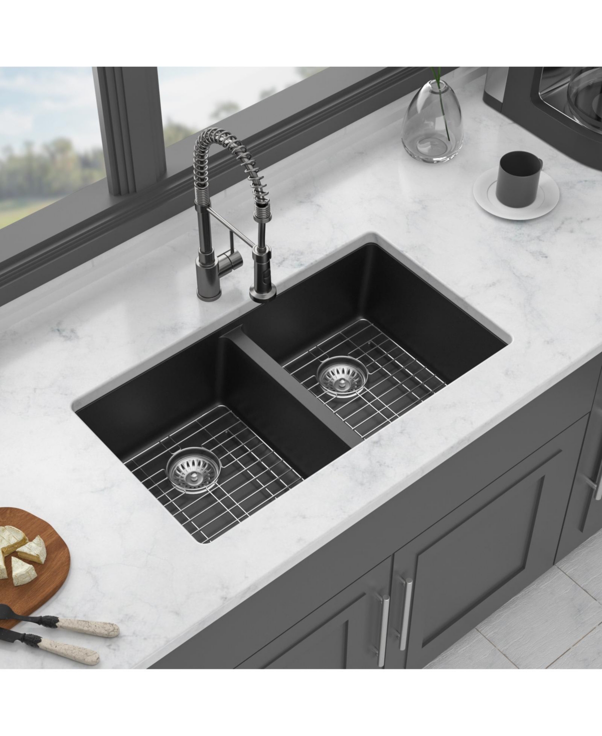 flynama huluwat Black Quartz Composite Kitchen Sink Double Bowl Undermount