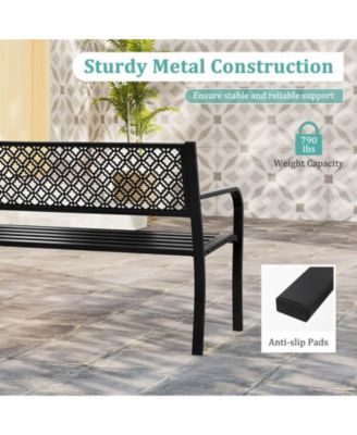 50" Outdoor Garden Bench with Geometric Lattice Backrest Armrests and Slatted Seat
