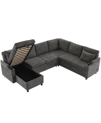 109.9" Sectional Sofa Bed with Storage, Cup Holders & Charging