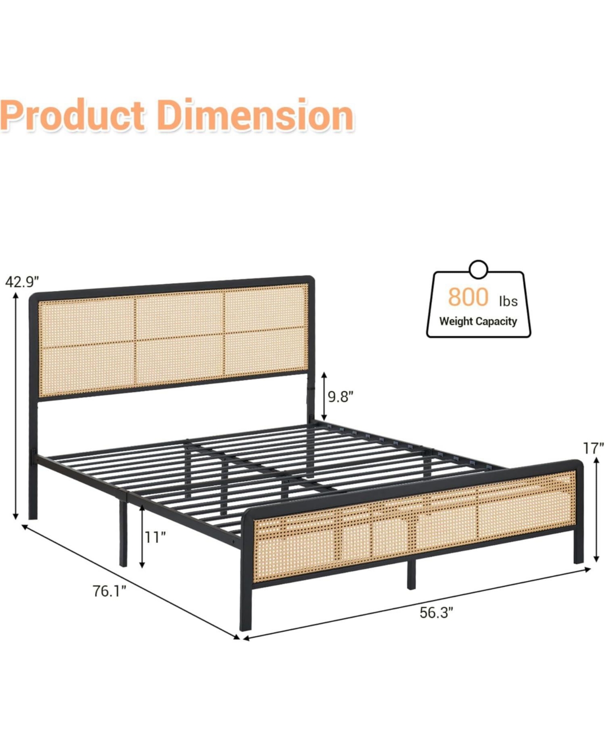 gaomon Easy Assembly Rattan Full Size Bed Frame Space Saving, for Living Room, Guest Room