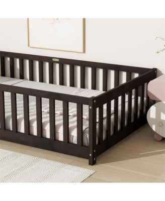 Twin Size Floor Bed with Safety Fence Rubber Wood Kids Bed for Toddler Room & Play Space
