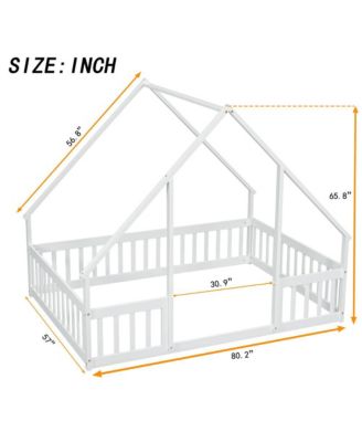 Full Size Wood House Floor Bed with Safety Fence & Roof Frame Play Bed for Kids and Teens