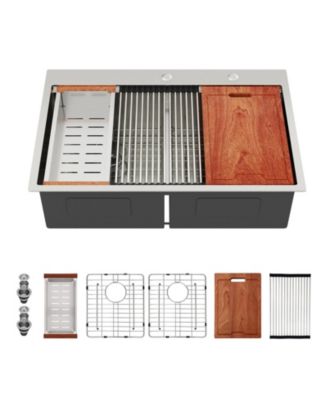 33x22x10inch 16 Gauge T304 Stainless Steel Topmount Drop In 5050 Double Bowl Brushed Nickel Workstation Kitchen Sink