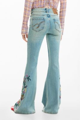 Women's Denim pants with floral stitching