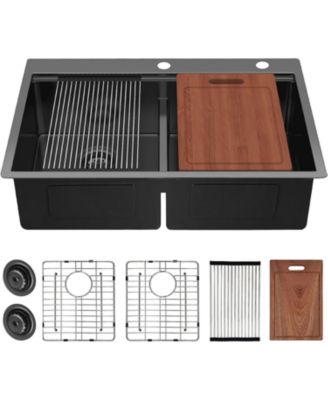 33inch Gunmetal Black Topmount Workstation Kitchen Sink 16 Gauge Stainless Steel Double Bowl