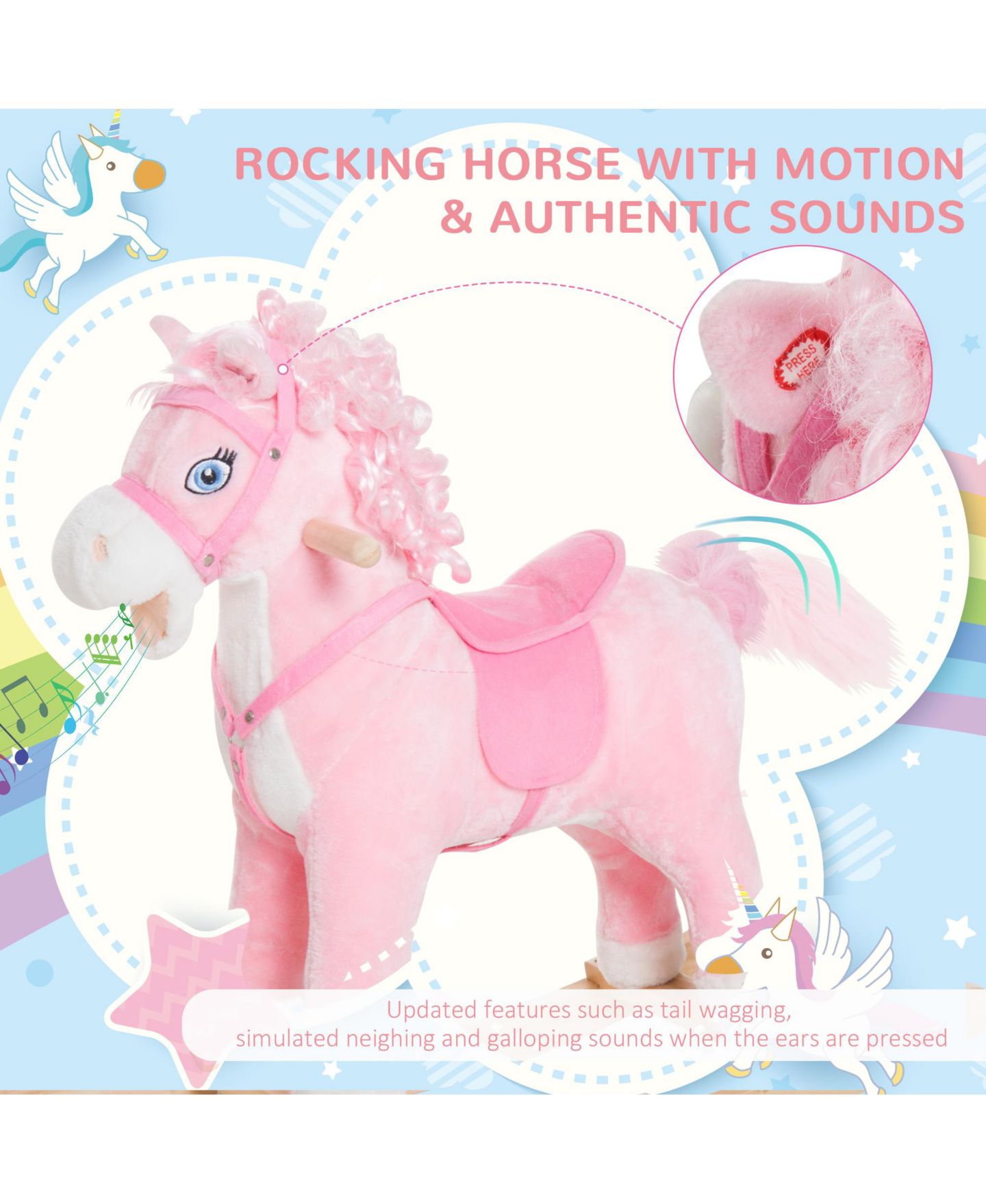 Детская мягкая игрушка Qaba Kids Ride on Rocking Horse Plush With Realistic Sounds, 88 lb. Capacity, Ages 3+ — фото 5