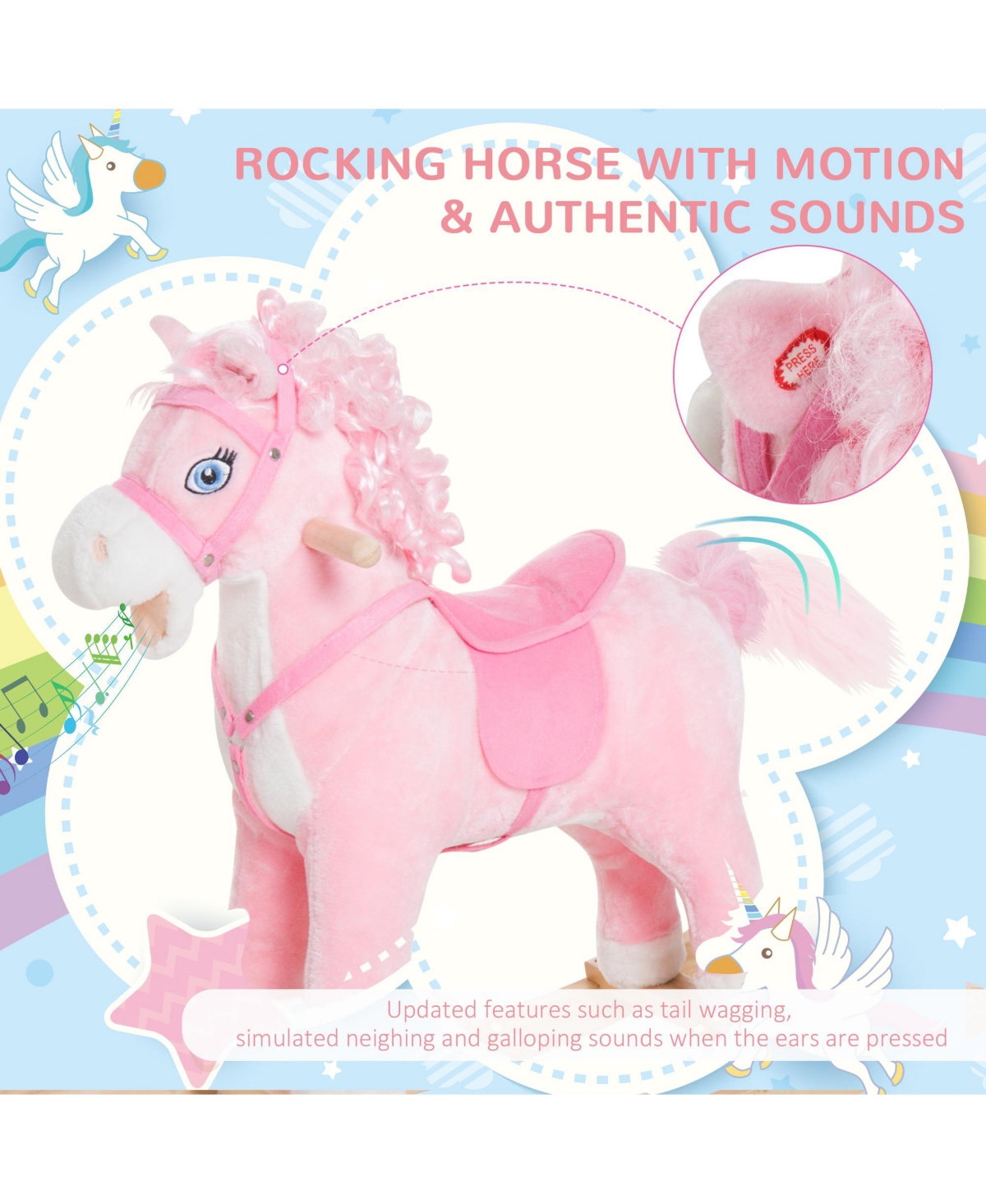 Qaba Kids Ride on Rocking Horse Toddler Plush Toy with Realistic Sounds