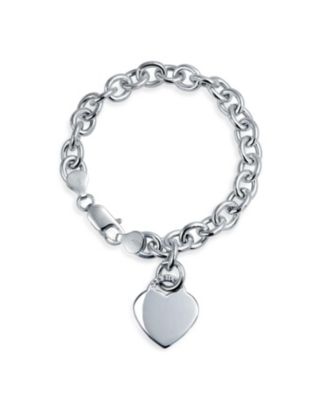 Substantial Solid Heart Shape Tag Charm Bracelet .925 Sterling Silver Made in Italy 7.5, 8 Inch