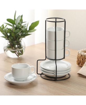 Gracious Dining 3-Ounce Espresso Cups Set of 4, Small Stackable Coffee Cups with 4 Saucers, Metal Stand, Ceramic Demitasse Mugs