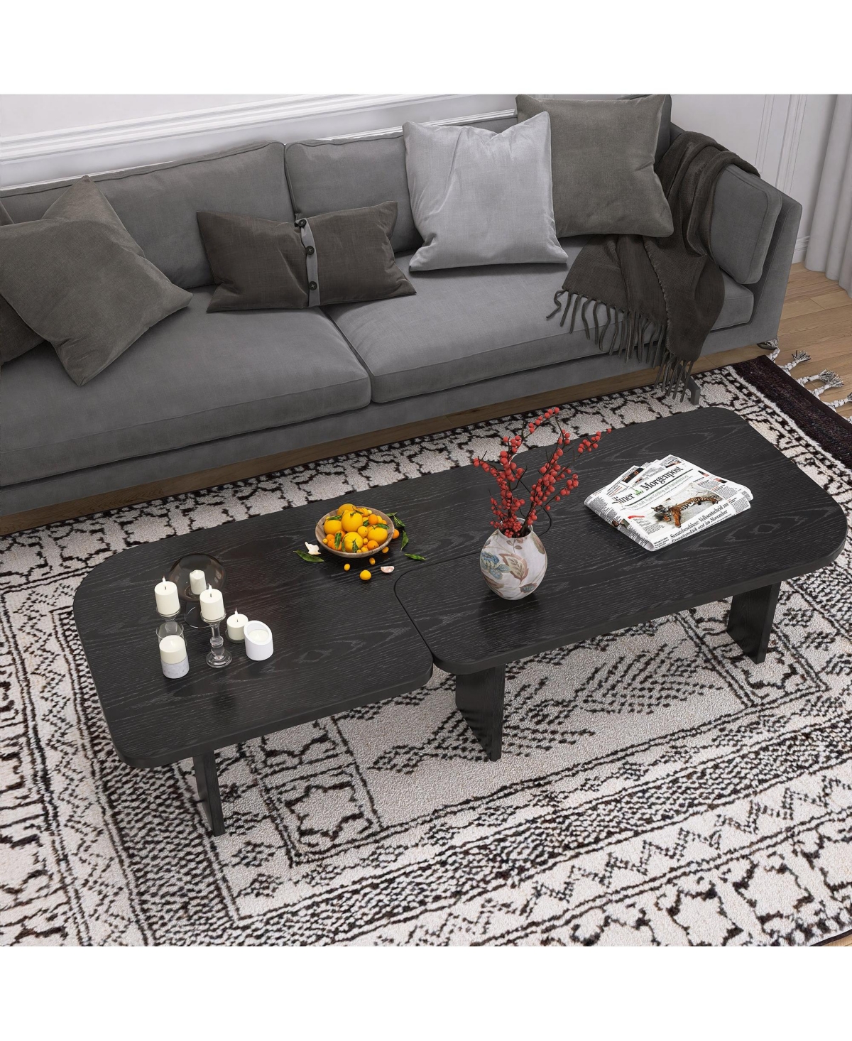 Boyel Living Modern Black Wooden Nesting Coffee Table Set, 70.86" Extendable Splicing Center Table for Living Room