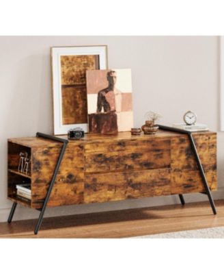55" Modern Farmhouse TV Stand, Entertainment Center with 2 Drawers, Adjustable Shelves, U-Shaped Metal Legs, Wooden Media Console