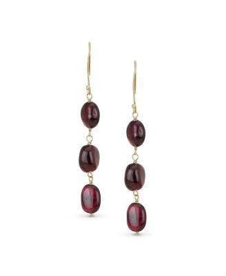 Long Linear Yellow 14K Gold Three Oval Natural Garnet Turquoise Tanzanite Dangling Earrings Fish Hook