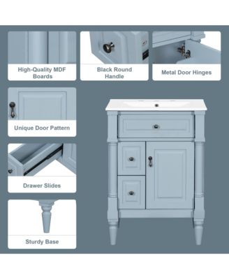 24 in. Freestanding Bathroom Vanity with Sink, Flip Drawer, Adjustable Shelf, Solid Rubberwood Frame, MDF Panels and Metal Handles