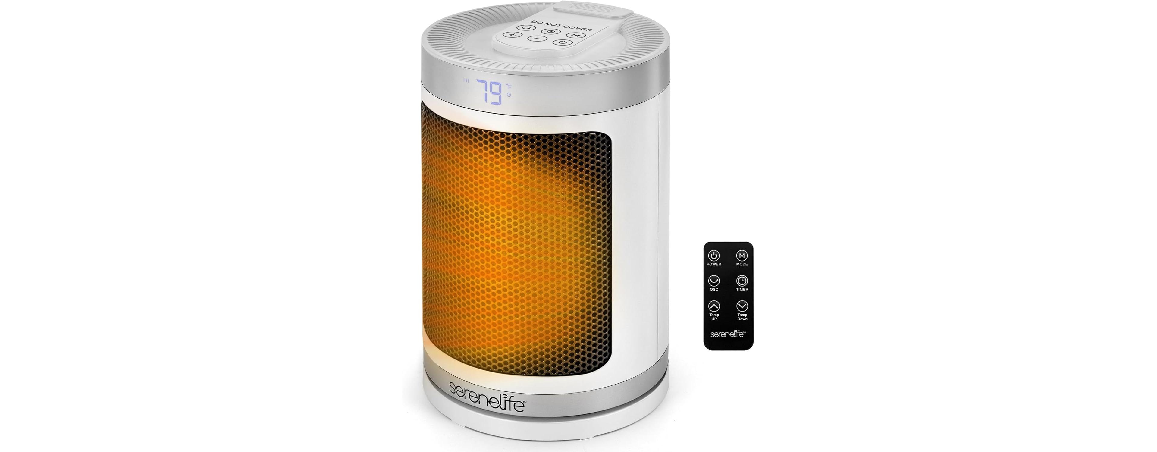 SereneLife Portable Space Heater, 1500W Ptc Ceramic Heater with Thermostat, Remote, 12-Hour Timer, 3 Modes, Oscillation, White