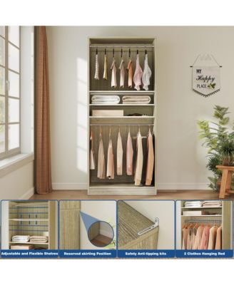 36" Wooden Closet Organizer with Adjustable Shelves, Freestanding Wardrobe with Hanging Rails