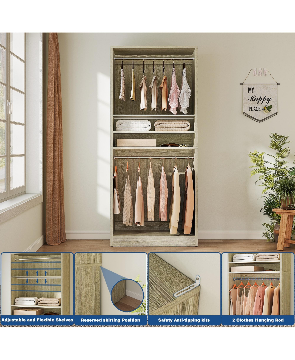 Aheaplus 36" Wooden Closet Organizer with Adjustable Shelves, Freestanding Wardrobe Hanging Rails