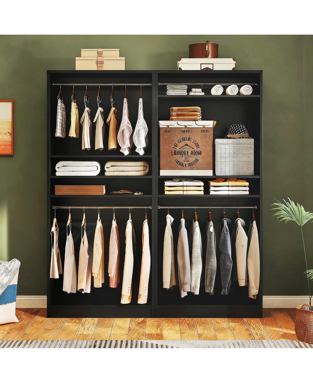 Aheaplus 36" Wooden Closet Organizer with Adjustable Shelves, Freestanding Wardrobe Hanging Rails